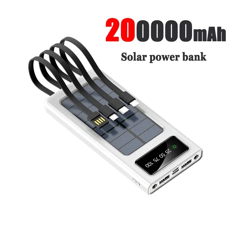 200000mAh Solar Power Bank Built 4 in1 Conveniente Fast Charging USB Ports Charger Powerbank LED Light For Iphone Xiaomi Samsung